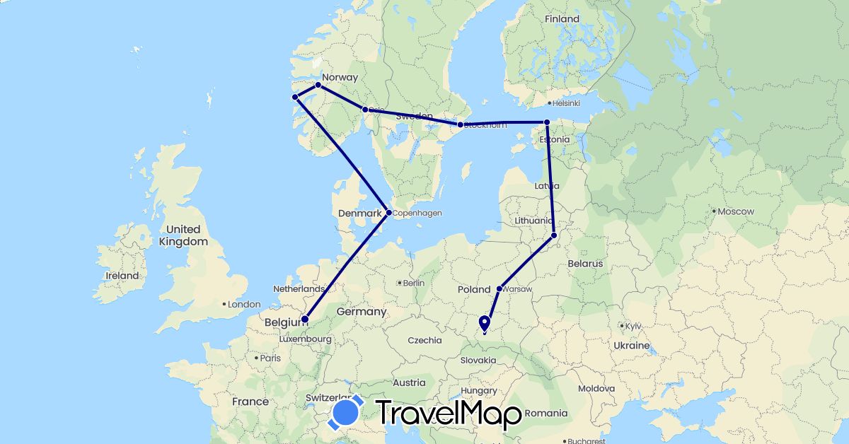TravelMap itinerary: driving in Germany, Denmark, Estonia, Lithuania, Norway, Poland, Sweden (Europe)